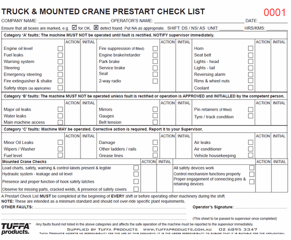 Truck & Mounted Crane Prestart Checklist Books DB30 – NZ Tags