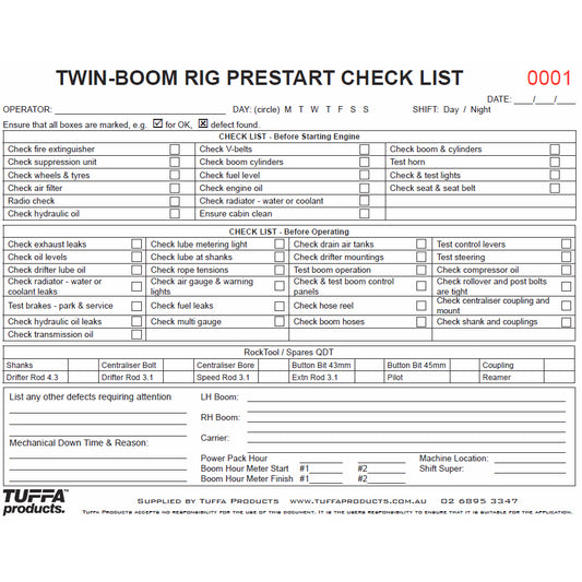 Twin Boom Drill Rig Prestart Checklist Books Code DB18