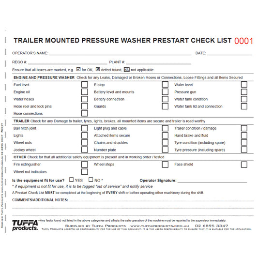 Trailer Mounted Pressure Washer Prestart Books Code: DB57