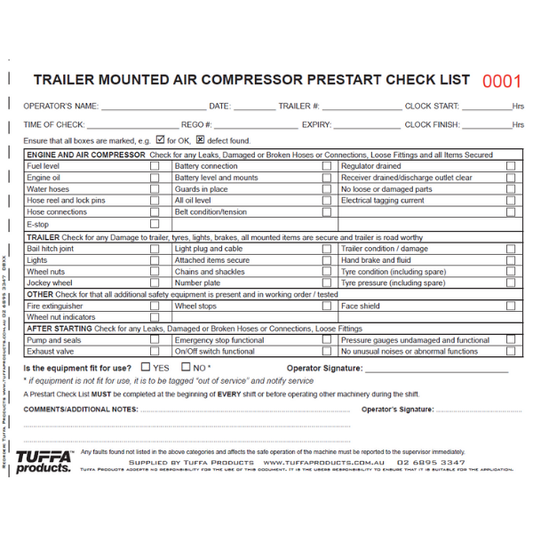 Trailer Mounted Air Compressor Prestart Books Code DB70