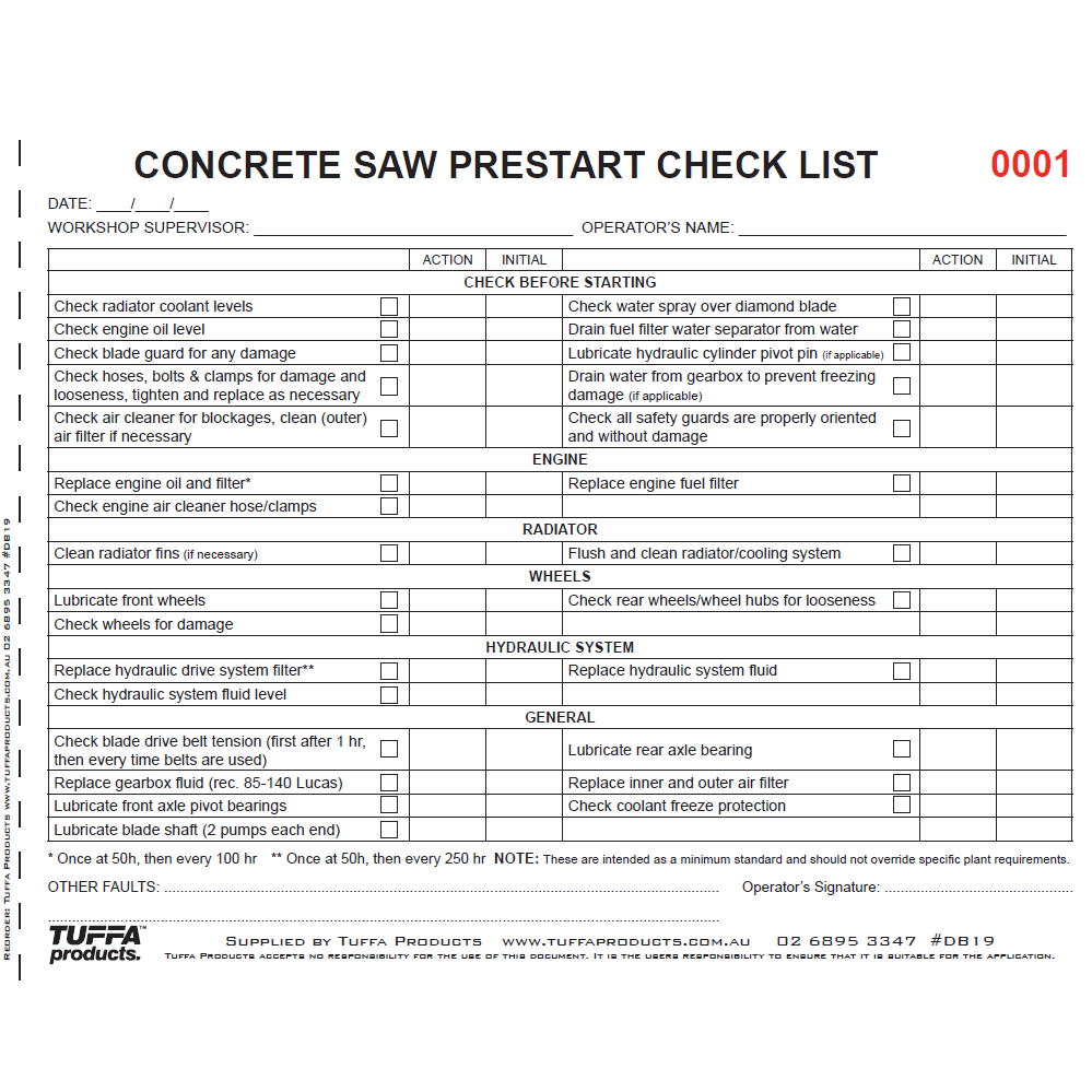 Concrete Saw Prestart Checklist Book DB19