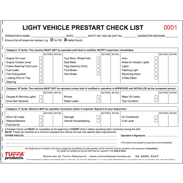 Light Vehicle Pre Start Checklist Books DB01 – NZ Tags